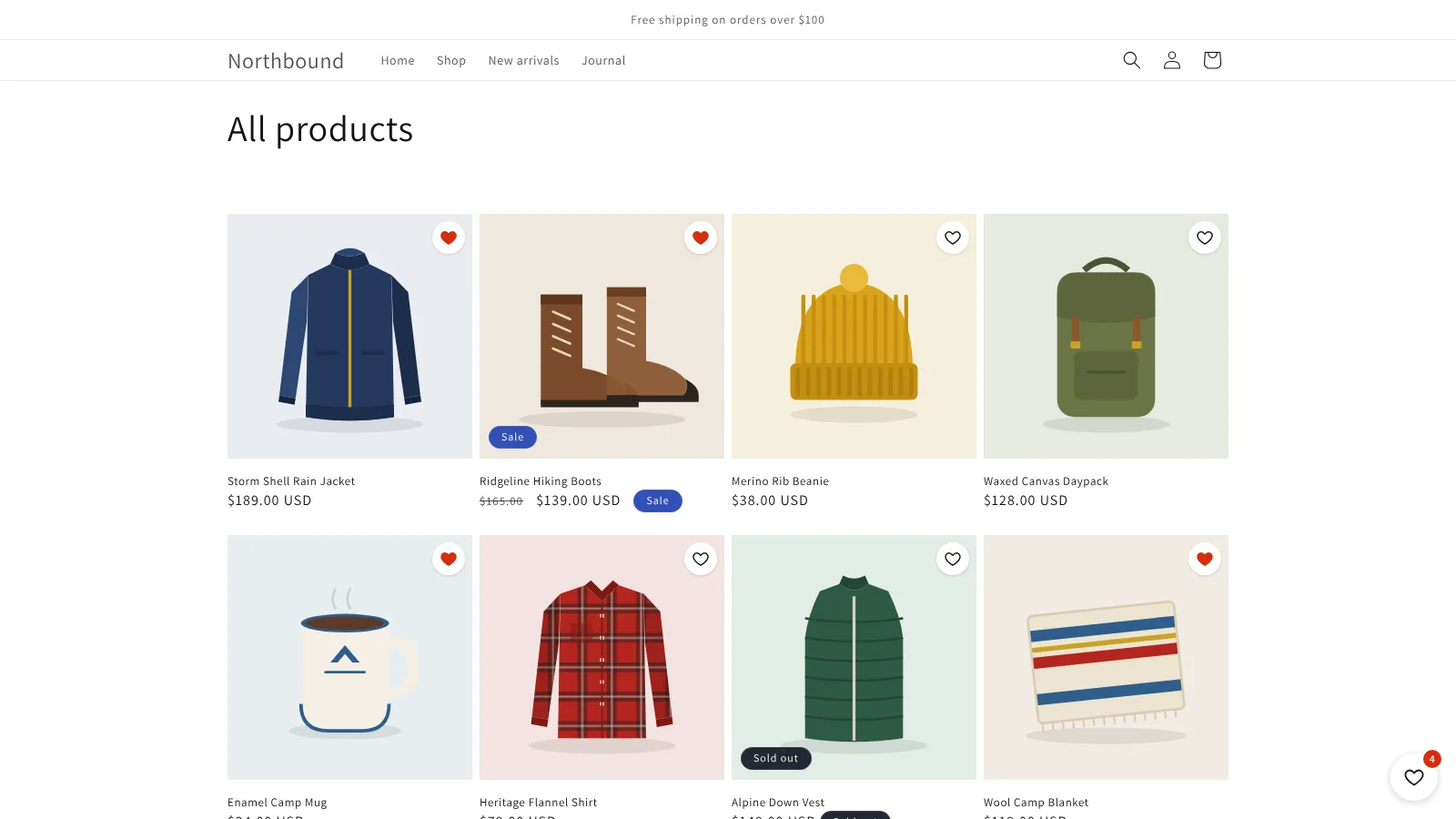 Collection page in the Dawn theme with a heart on every product card; saved products show a filled heart